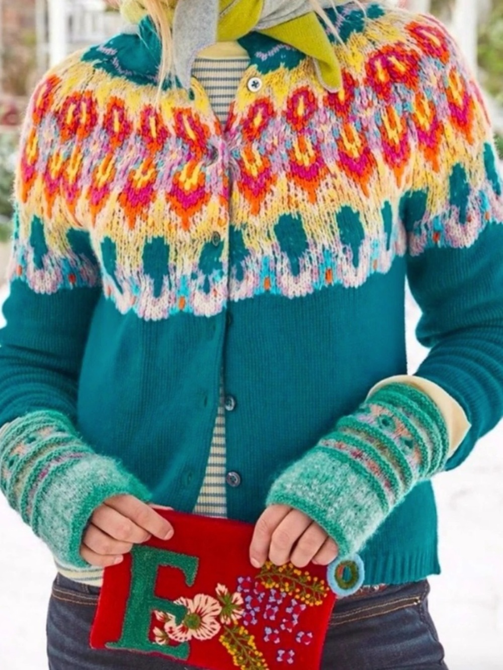 Sundance Kaleidoscope Bloom Fair Isle Teal Knit Cardigan Lambswool Nordic XS